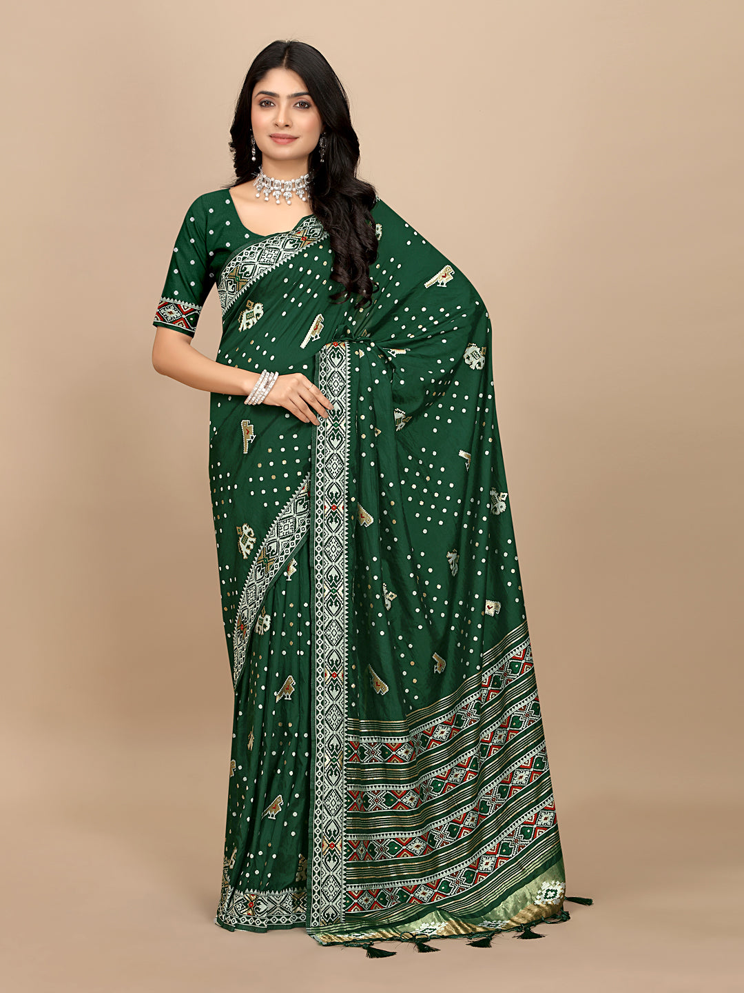 Patola Print Cotton Silk Saree with Tassel Border Pallu