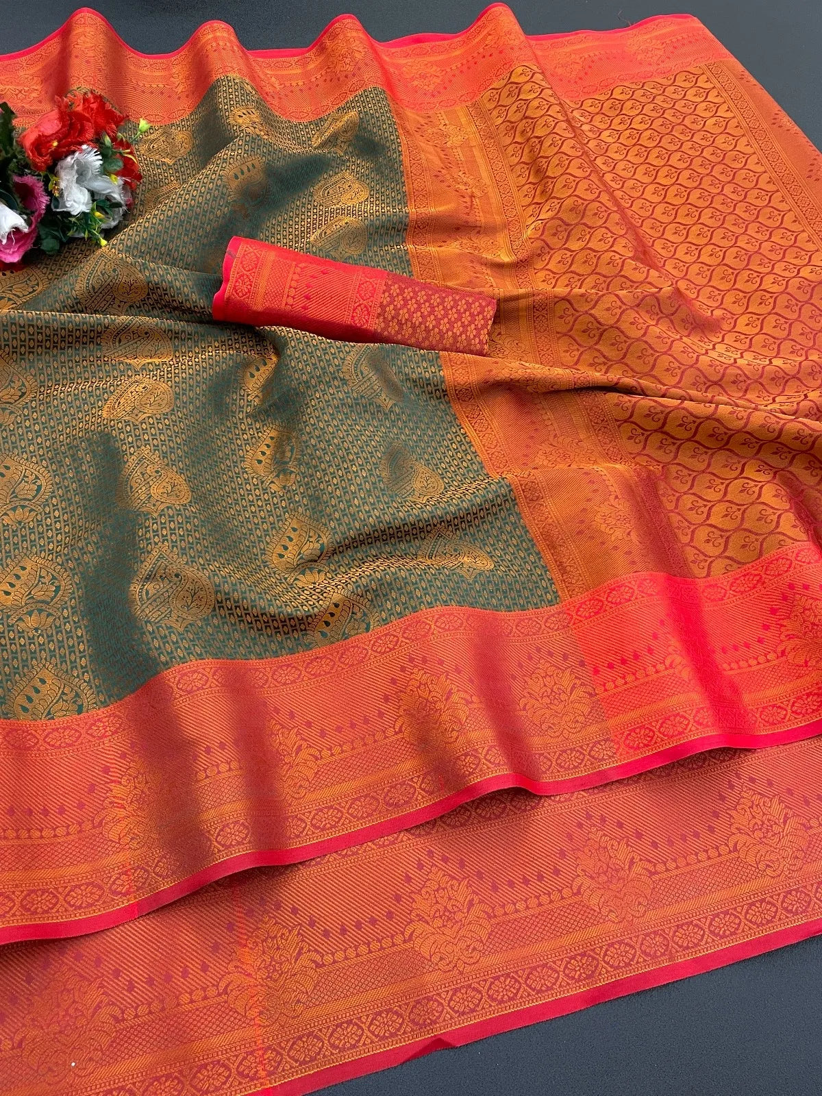 Woven Kanjivaram Soft Silk Copper Rich Pallu Saree