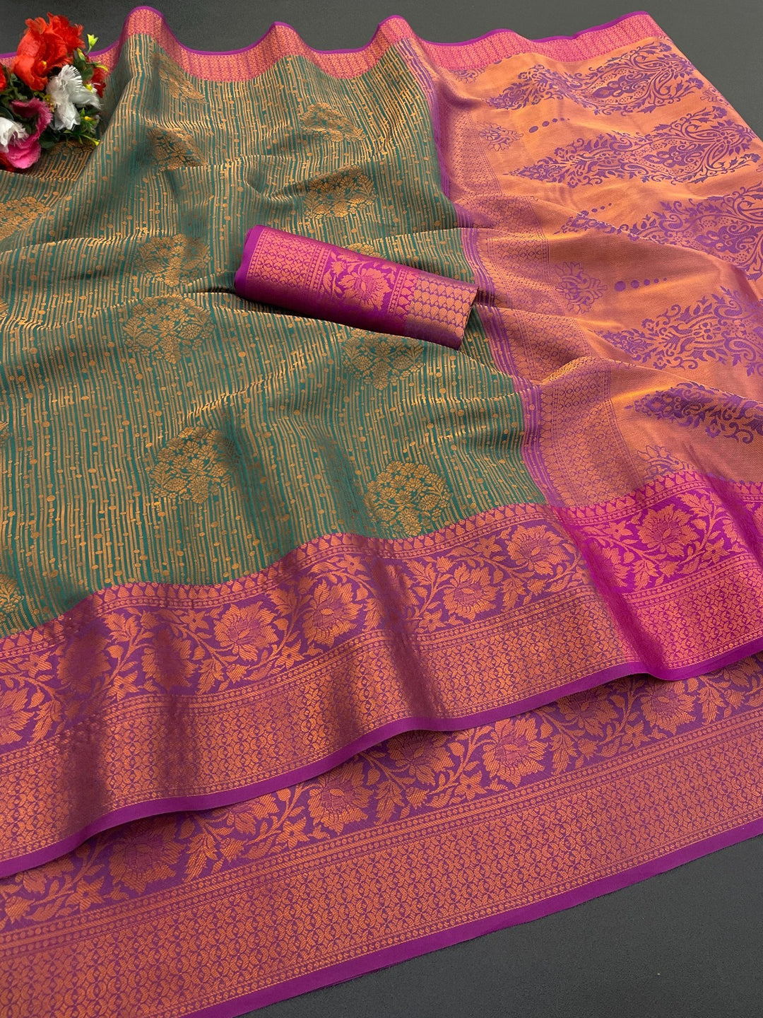 Woven Kanjivaram Soft Silk Copper Rich Pallu Saree