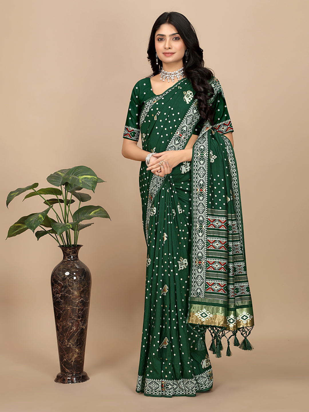 Patola Print Cotton Silk Saree with Tassel Border Pallu