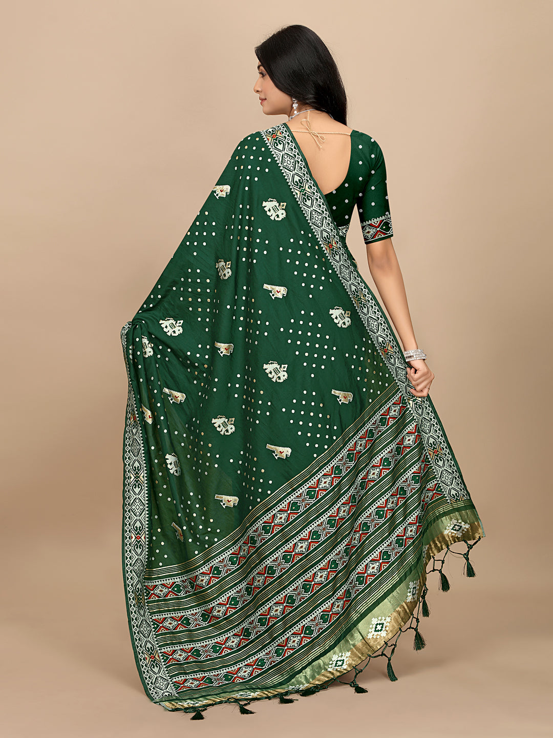 Patola Print Cotton Silk Saree with Tassel Border Pallu