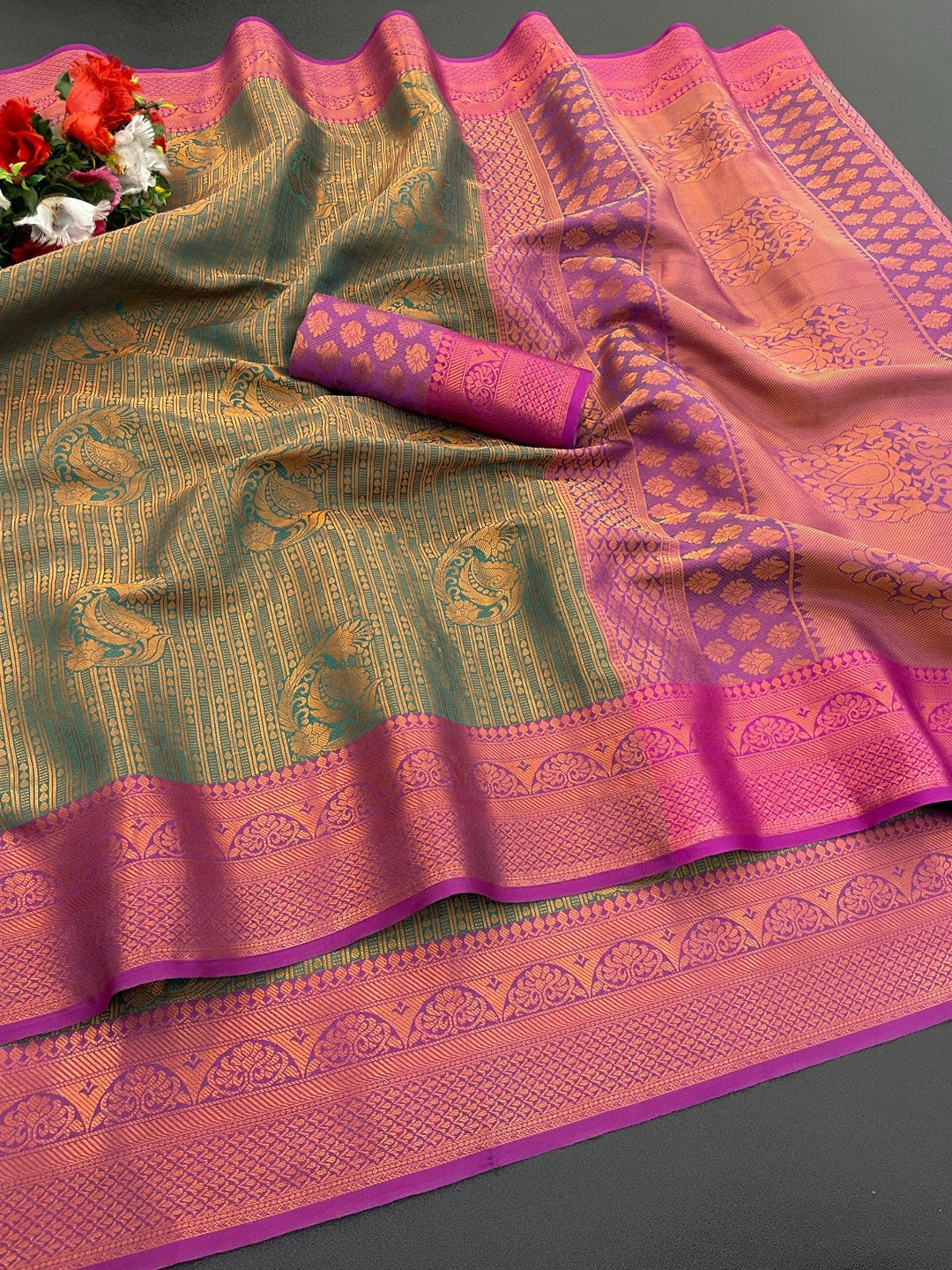 Woven Kanjivaram Soft Silk Copper Rich Pallu Saree