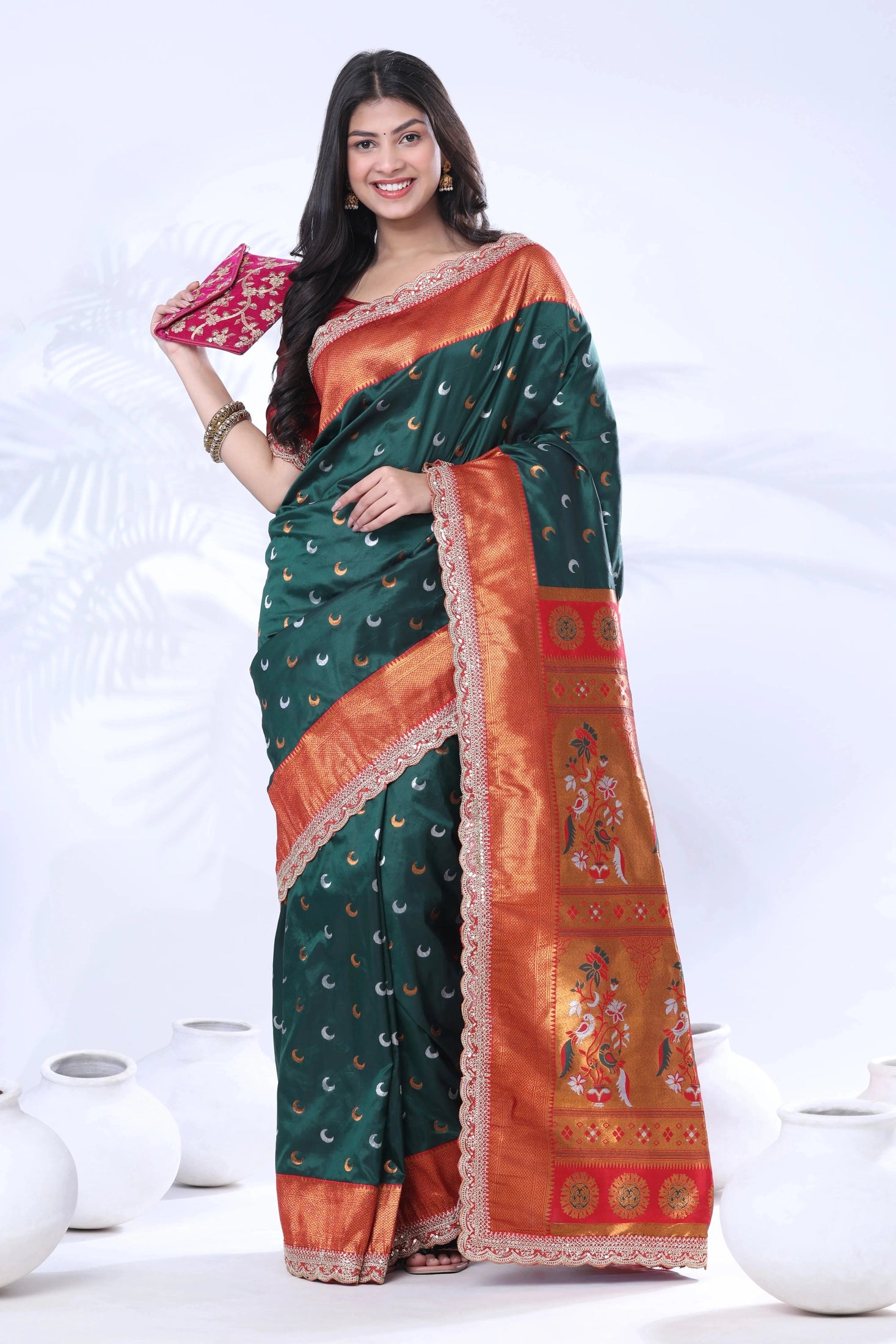 Paithani Pure Silk Embroidery Lace Border Green Saree