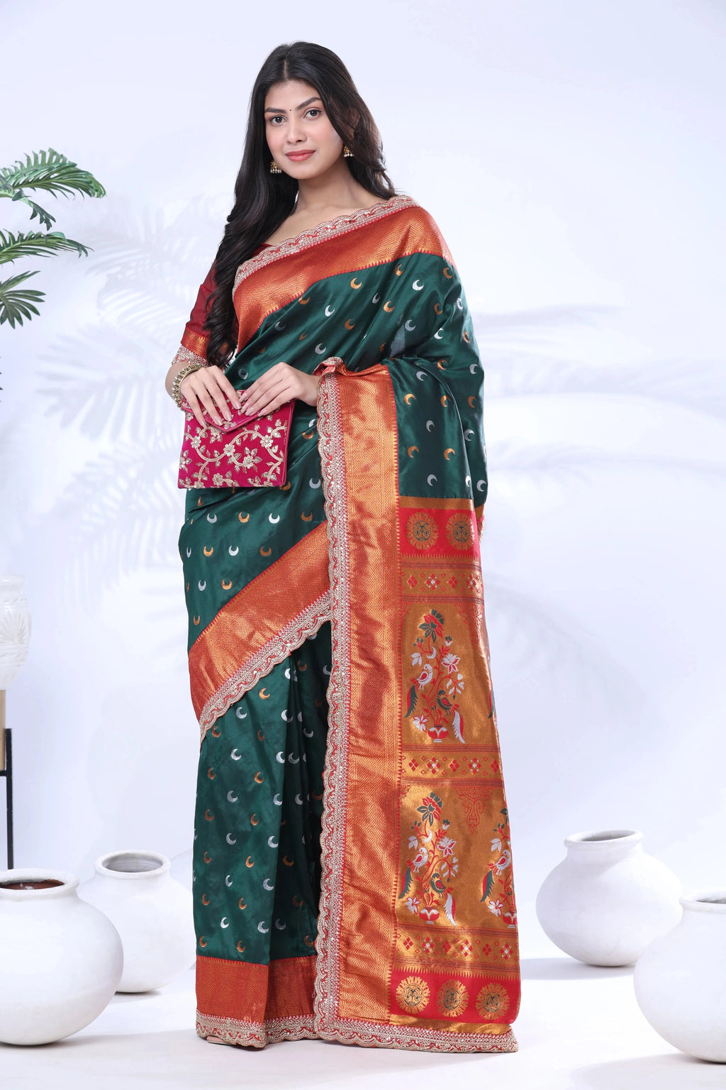 Paithani Pure Silk Embroidery Lace Border Green Saree