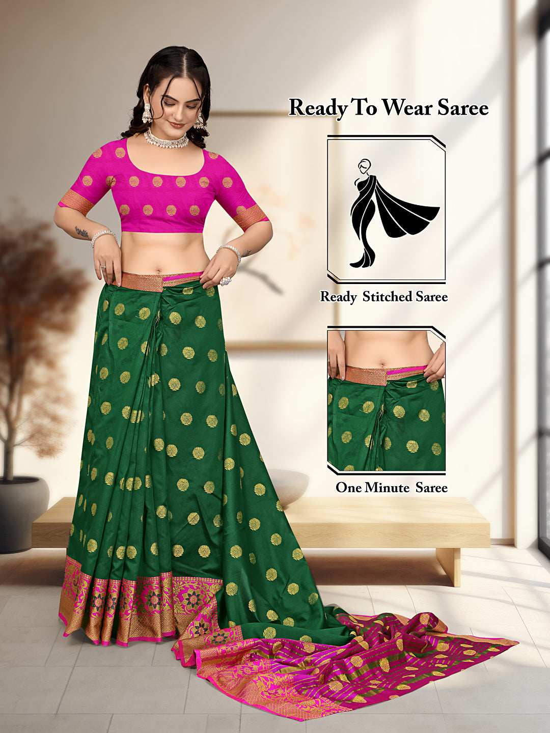 Ready To Wear Cotton Silk Woven Zari Jacquard Banarasi Traditional Saree