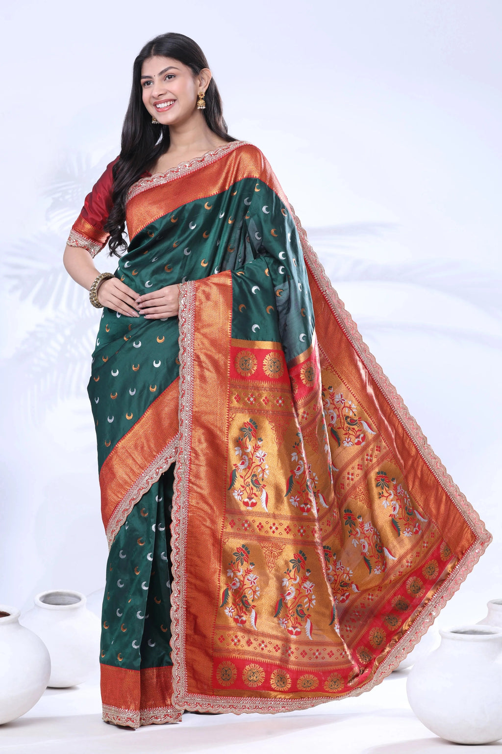 Paithani Pure Silk Embroidery Lace Border Green Saree