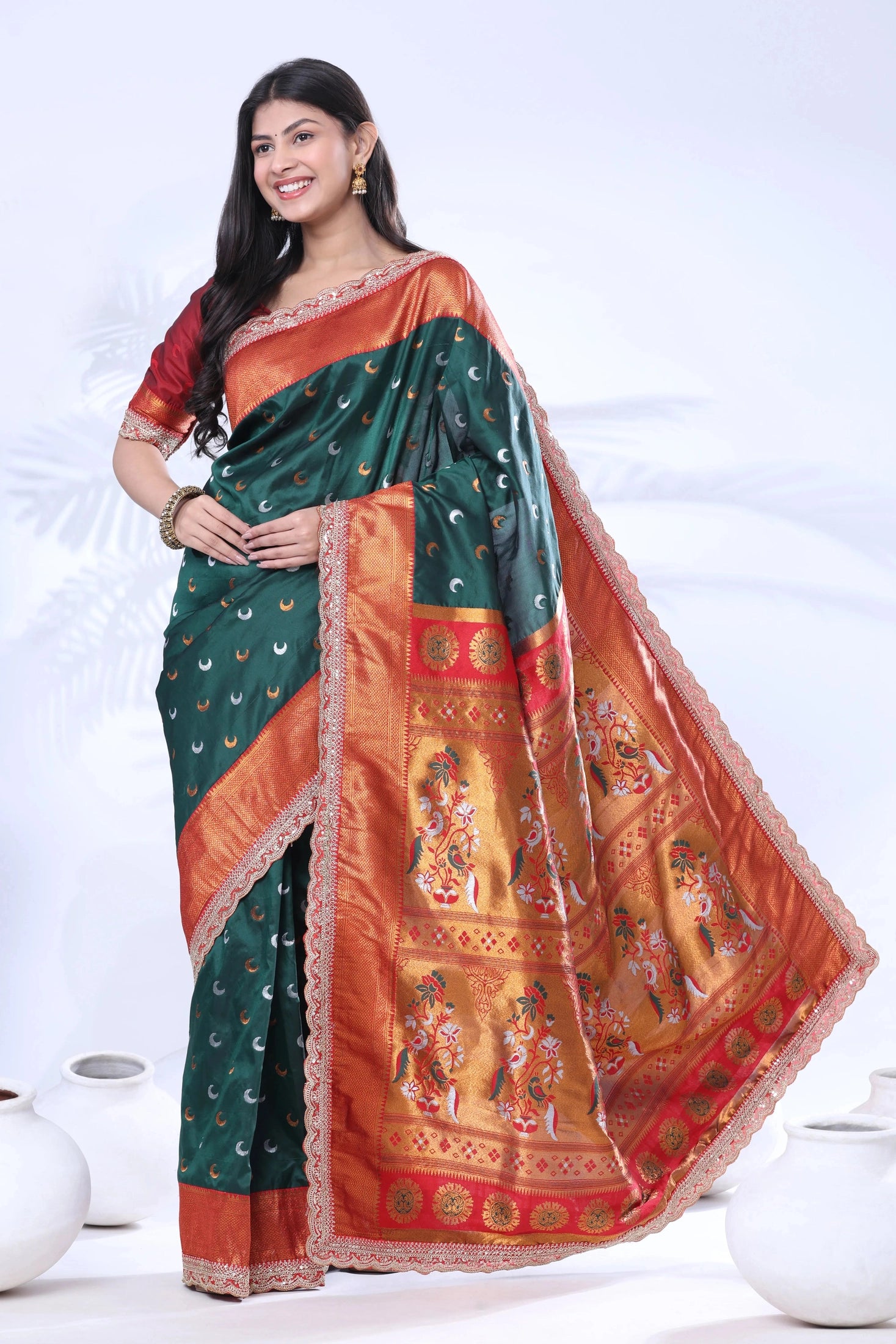 Paithani Pure Silk Embroidery Lace Border Green Saree