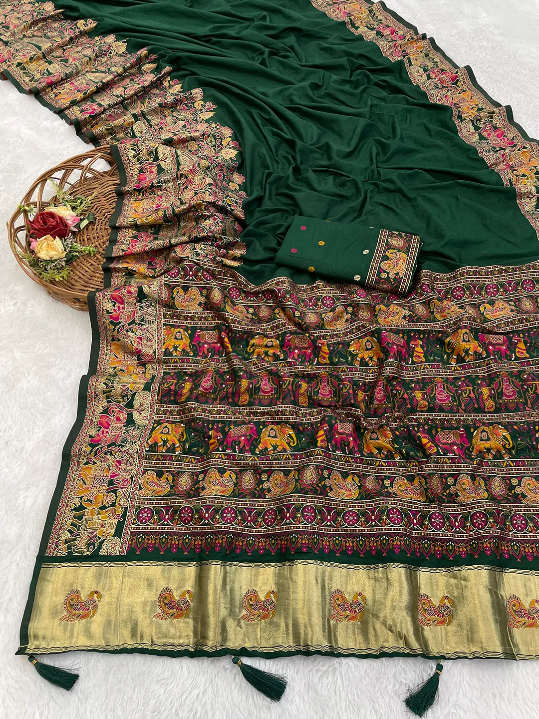 Floral Printed Woven Zari Pashmina Saree