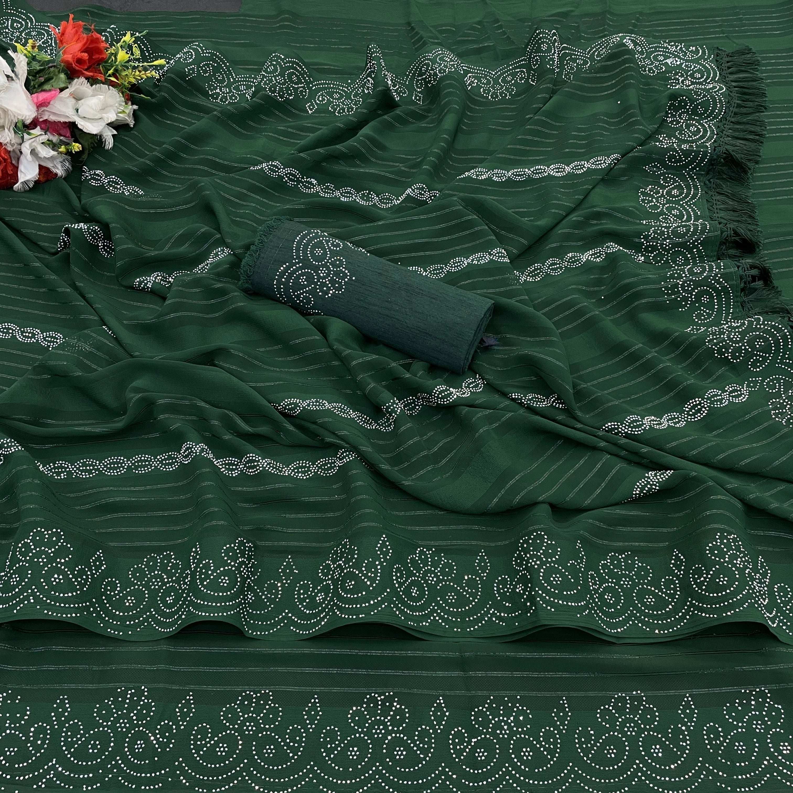 Georgette  Siroski Diamond Work Saree With Tassel