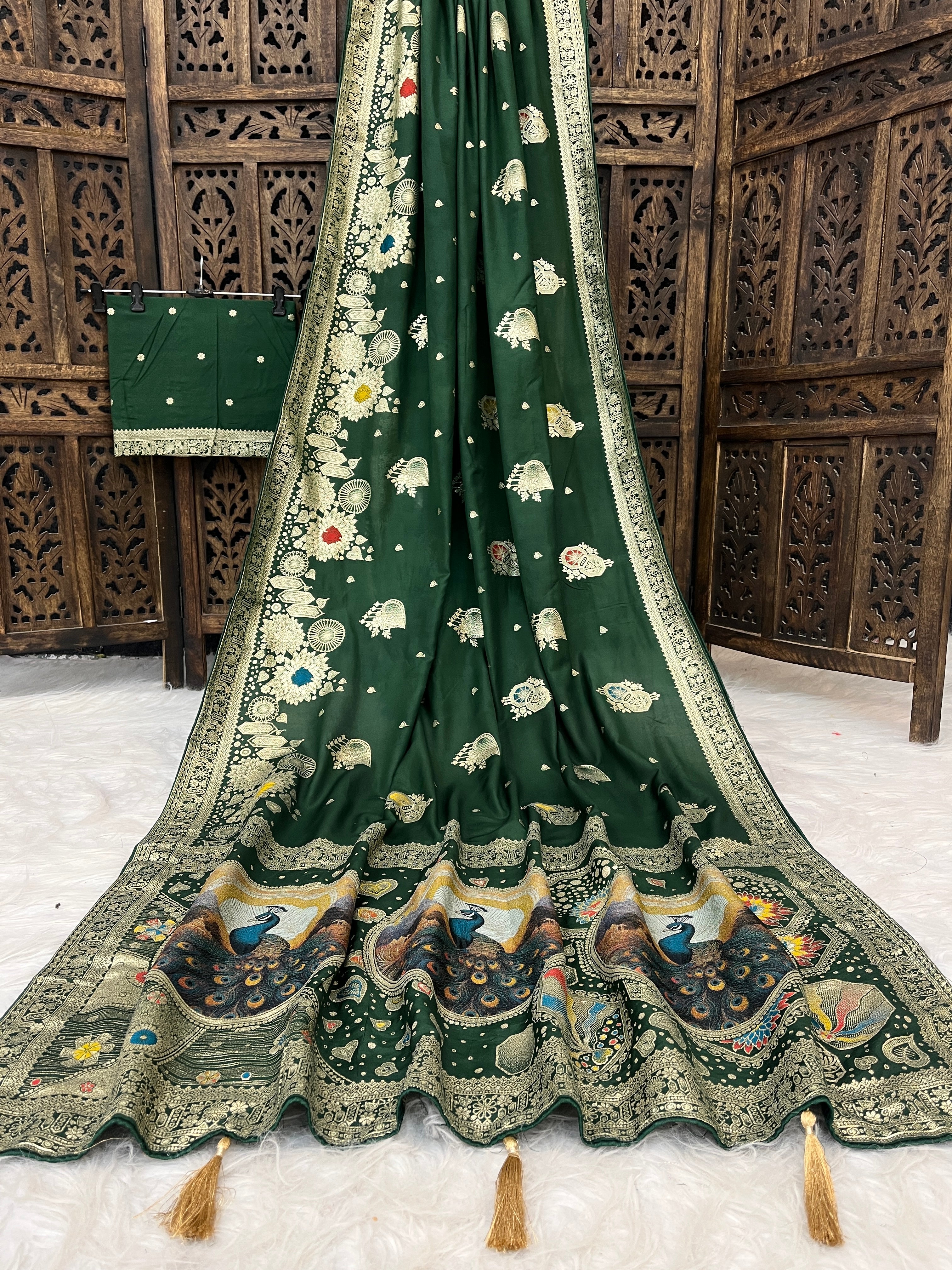 Traditional Dola Silk Saree with Peacock Printed Designer Pallu and Woven Border
