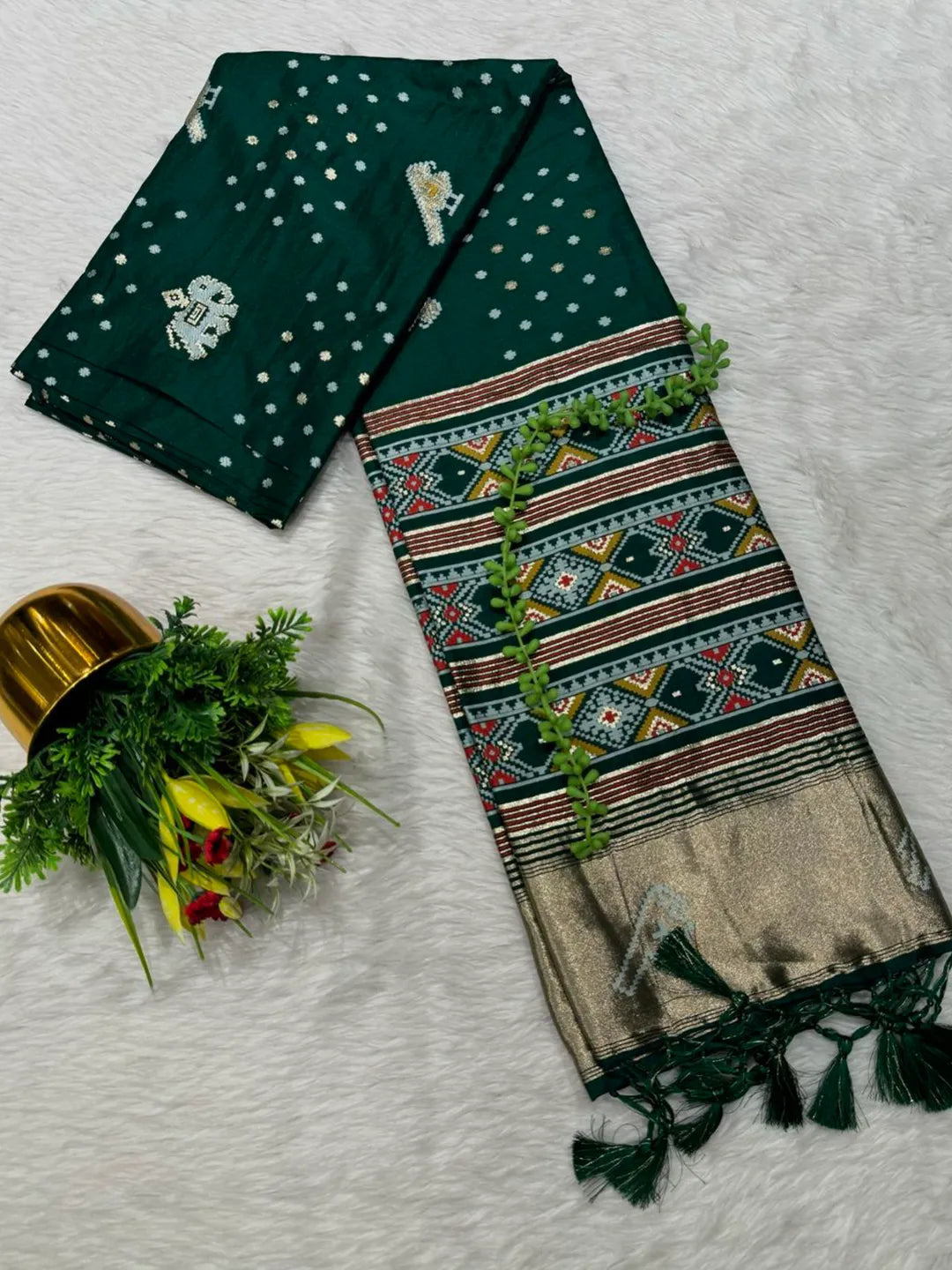 Cotton Silk Saree with Traditional Patola Print and Tassel Border Pallu