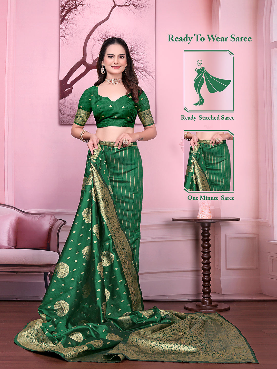 Floral Print Ready to Wear Banarasi Jacquard Party Saree with Unstitched Blouse