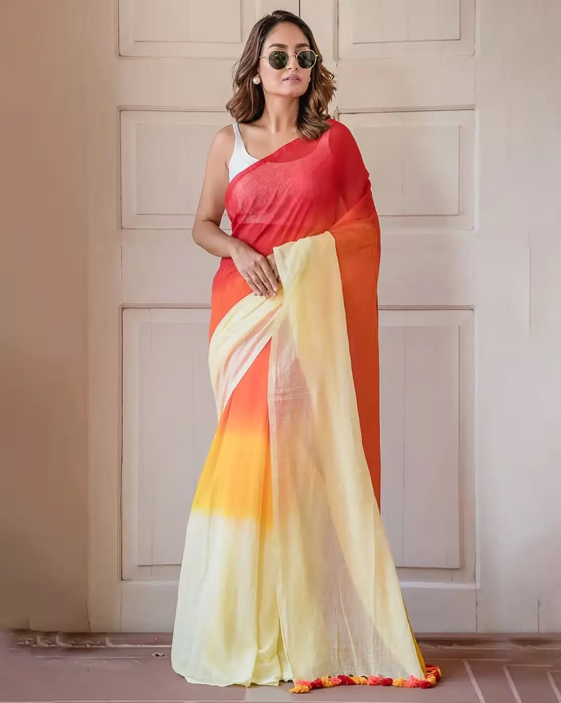 Multicolor Striped Cotton Linen Printed Saree