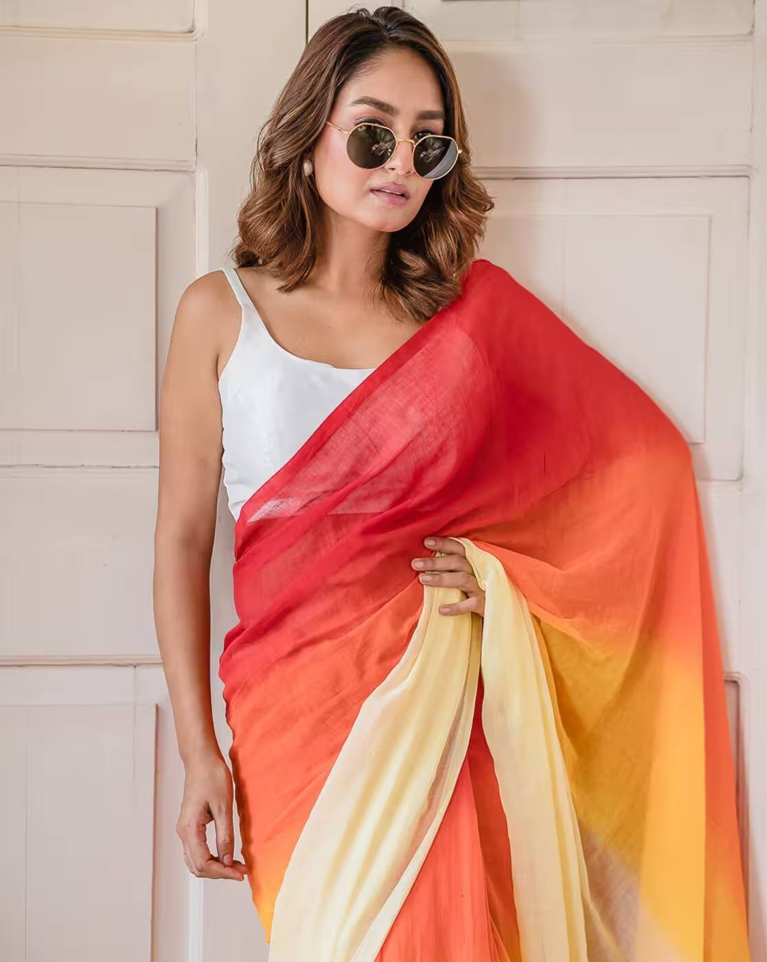 Multicolor Striped Cotton Linen Printed Saree