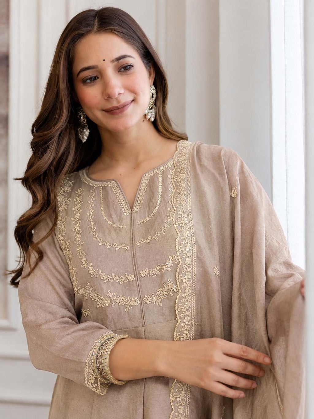 Embroidery Vichitra Silk Anarkali Kurta Pant Set With Dupatta