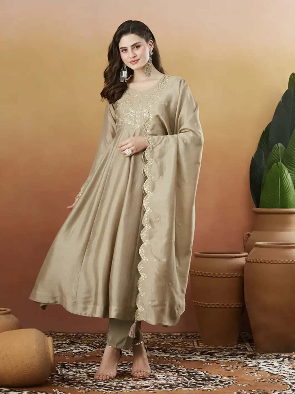 Silk Embroidered Anarkali Kurta, Pant & Dupatta Set