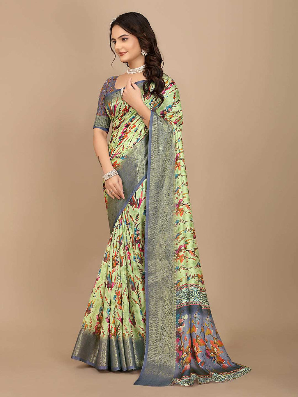 Moss Chiffon Digital Print With Jacquard Border Saree