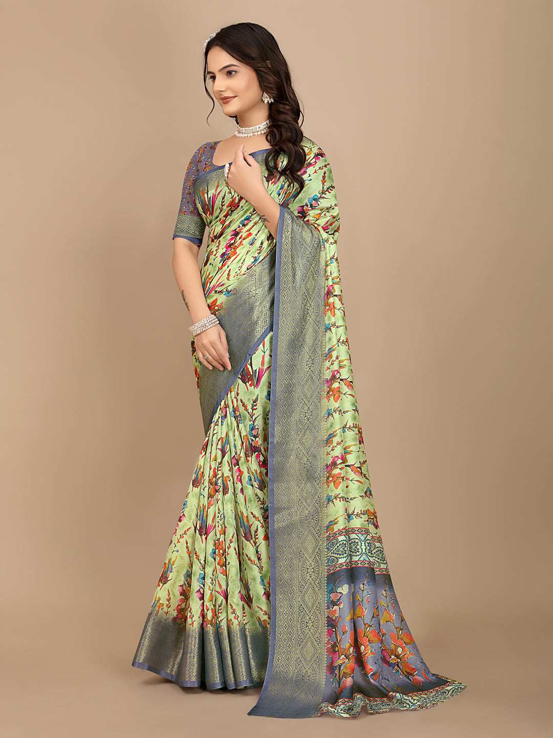Moss Chiffon Digital Print With Jacquard Border Saree