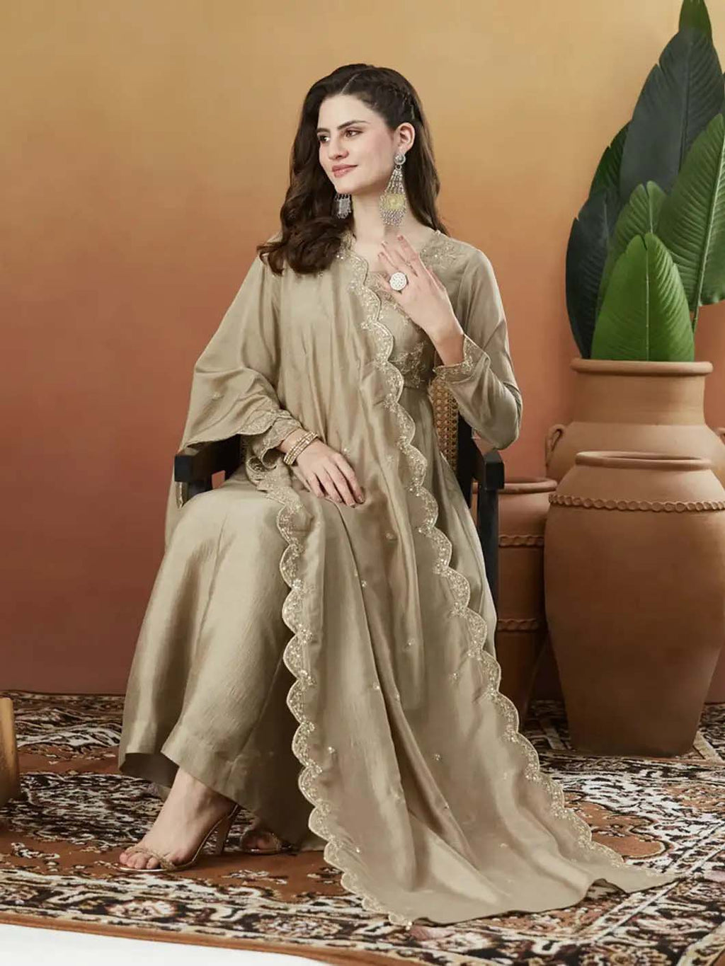 Silk Embroidered Anarkali Kurta, Pant & Dupatta Set