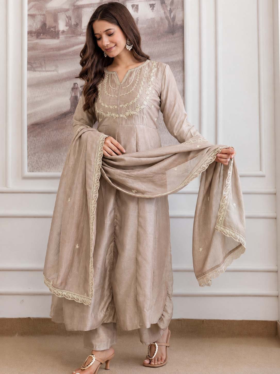 Embroidery Vichitra Silk Anarkali Kurta Pant Set With Dupatta