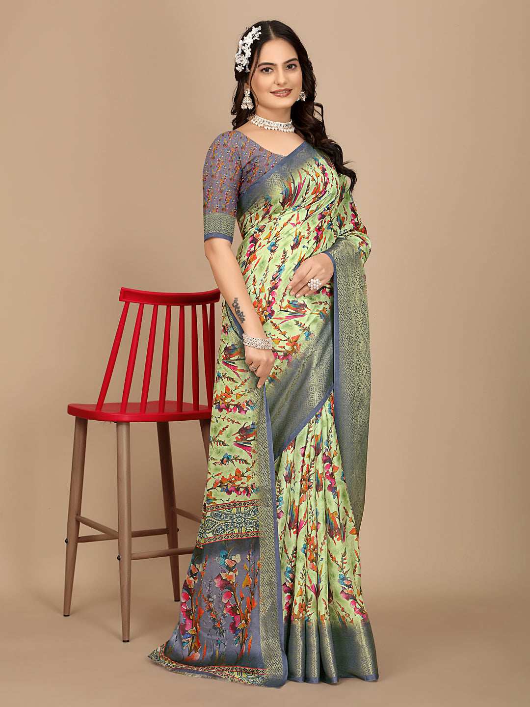 Moss Chiffon Digital Print With Jacquard Border Saree