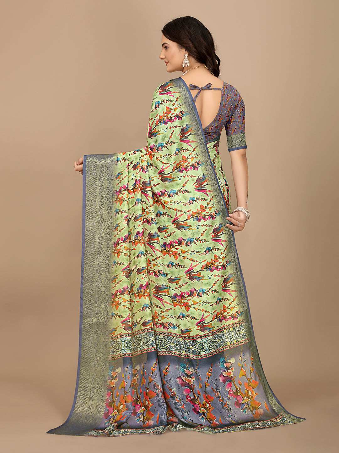 Moss Chiffon Digital Print With Jacquard Border Saree