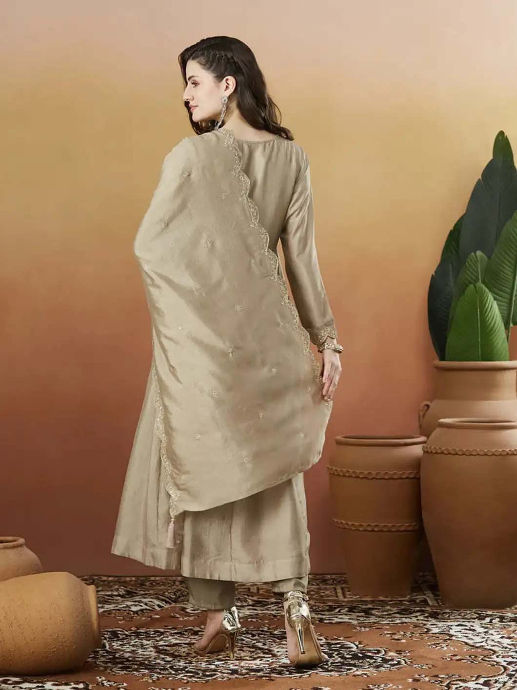 Silk Embroidered Anarkali Kurta, Pant & Dupatta Set