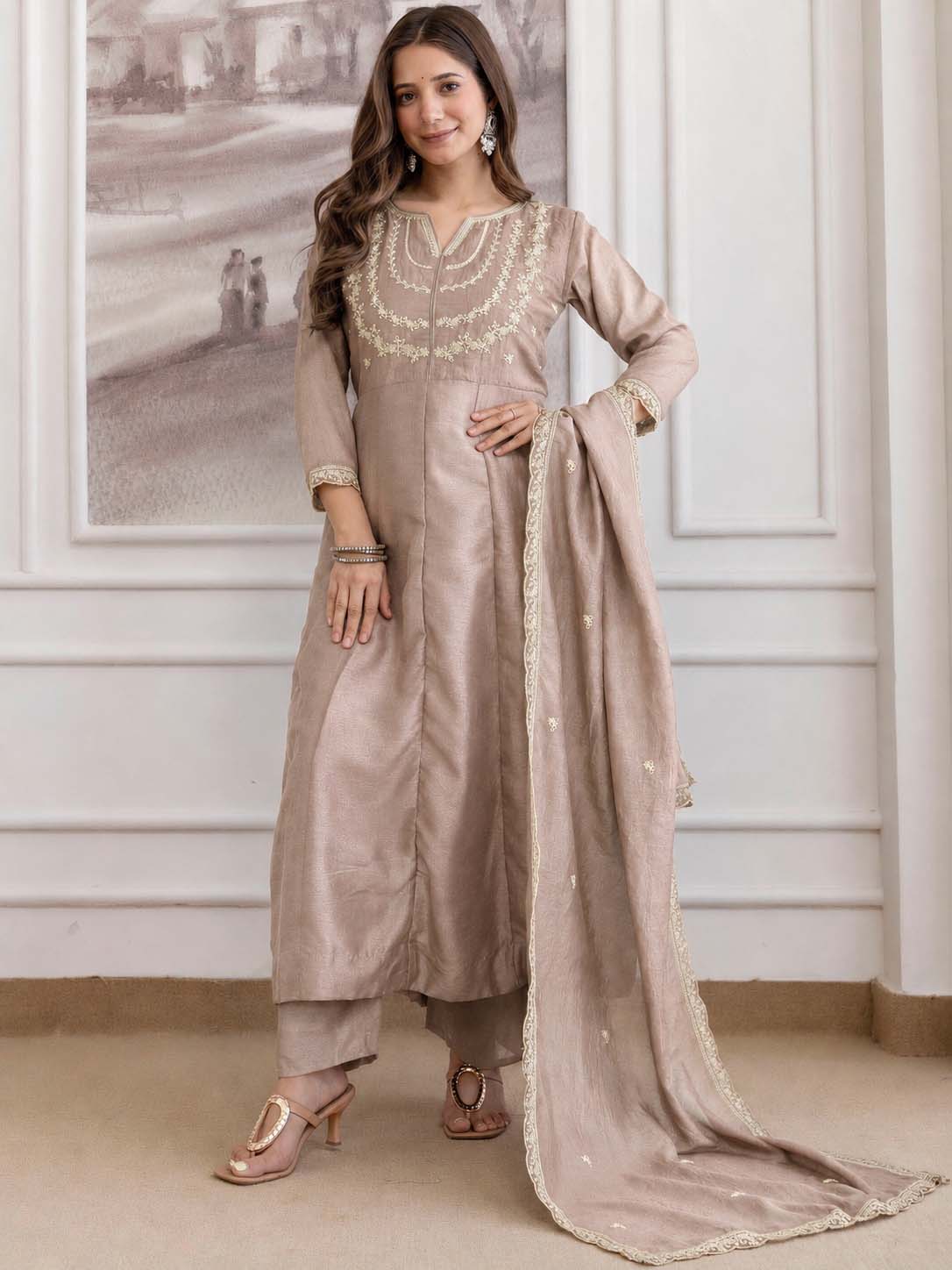 Embroidery Vichitra Silk Anarkali Kurta Pant Set With Dupatta