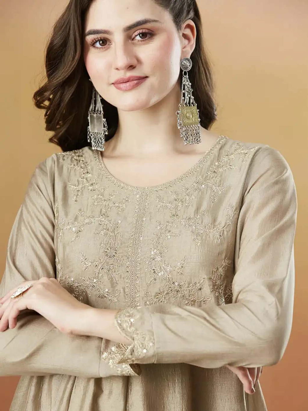 Silk Embroidered Anarkali Kurta, Pant & Dupatta Set