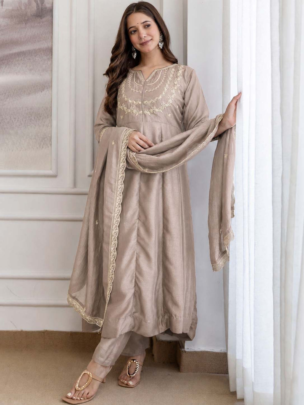 Embroidery Vichitra Silk Anarkali Kurta Pant Set With Dupatta
