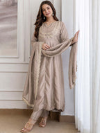Embroidery Vichitra Silk Anarkali Kurta Pant Set With Dupatta
