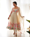 Women Floral Printed Organza Silk Flared Anarkali Kurta Set - Pionex Fab