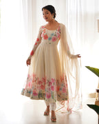 Women Floral Printed Organza Silk Flared Anarkali Kurta Set