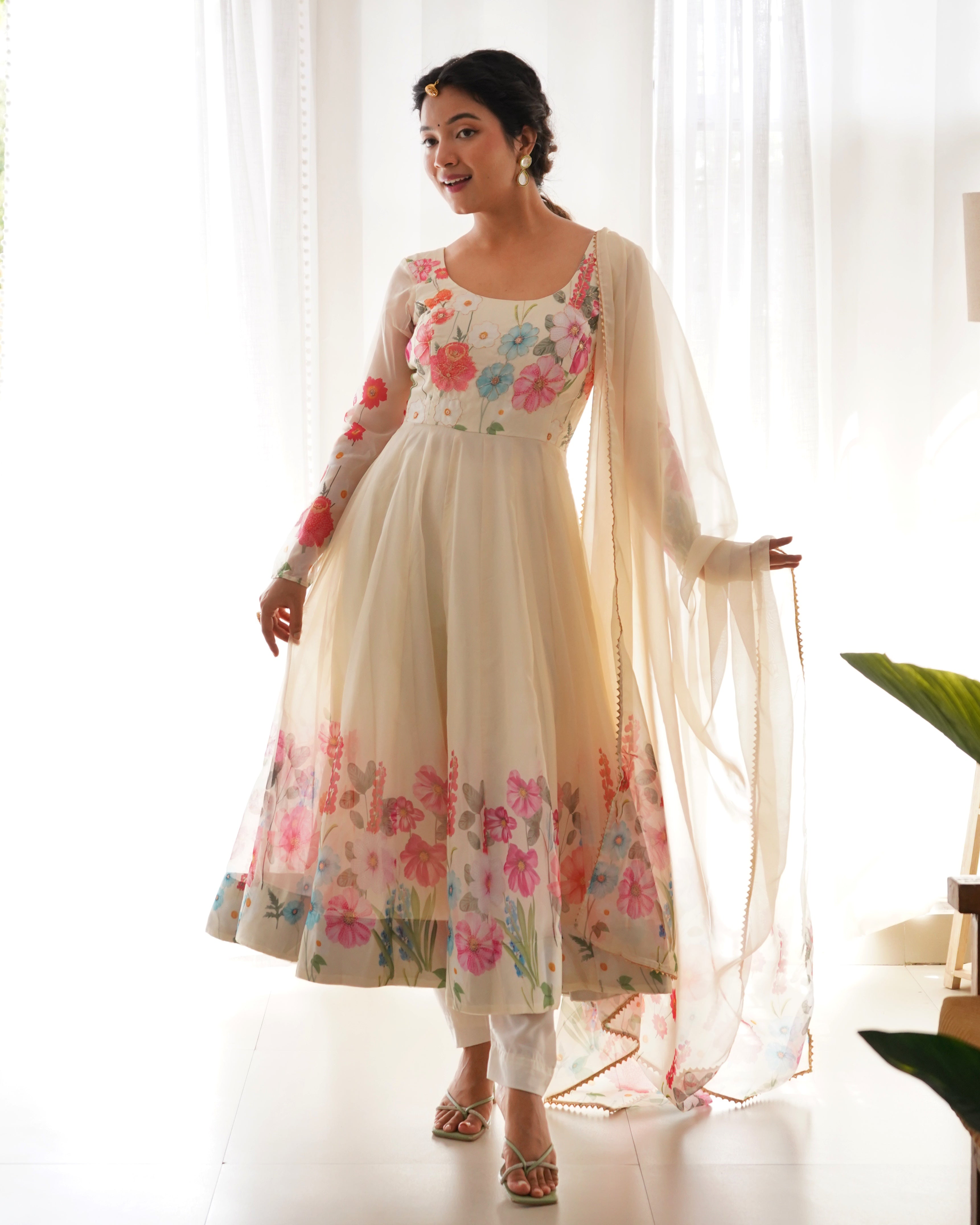 Women Floral Printed Organza Silk Flared Anarkali Kurta Set