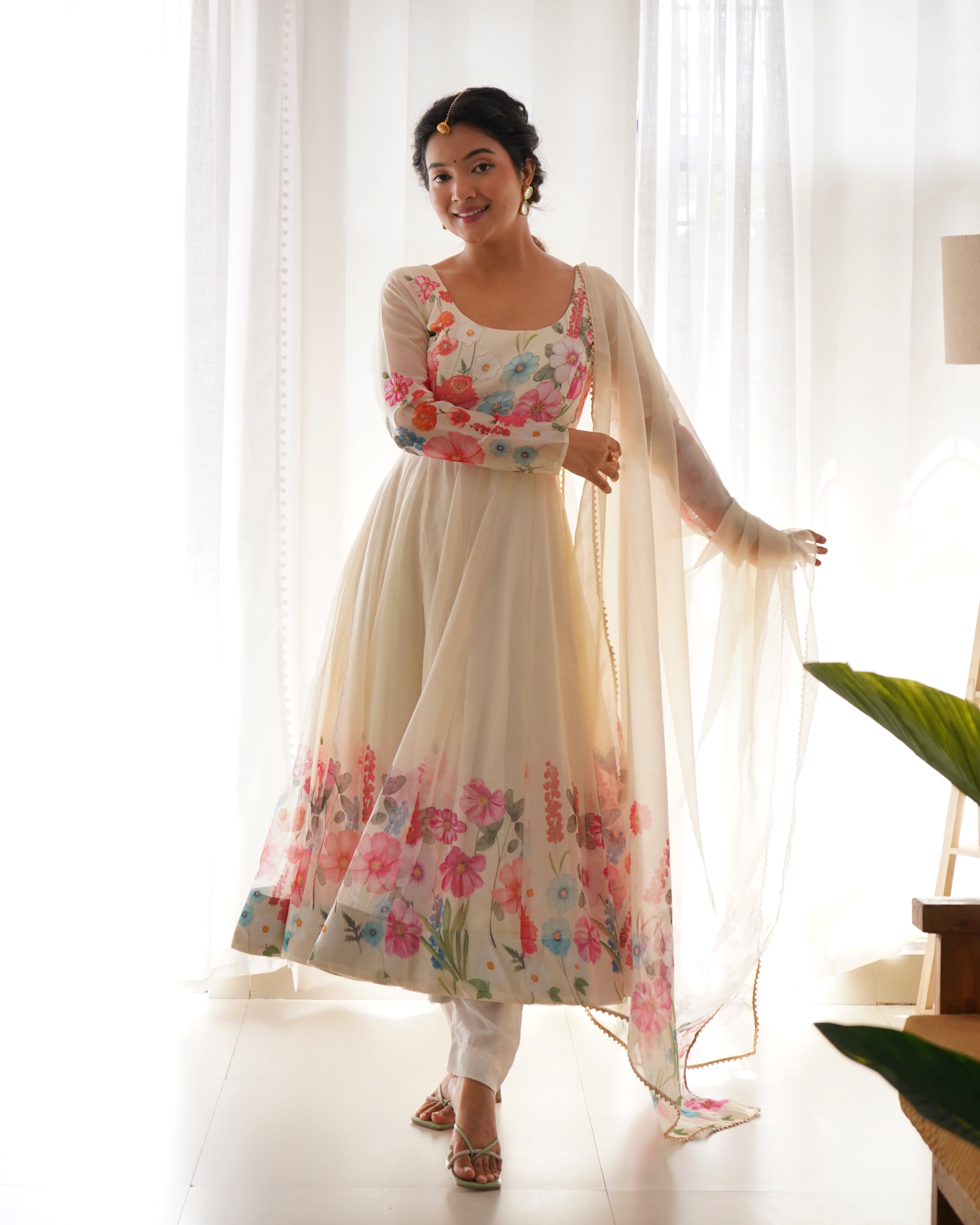 Women Floral Printed Organza Silk Flared Anarkali Kurta Set