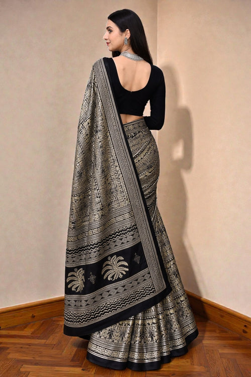 Black Printed Silk Crepe Saree