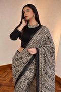 Black Printed Silk Crepe Saree - Pionex Fab