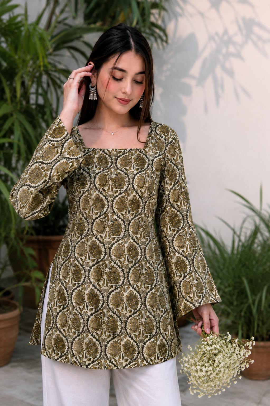 Women Pure Cotton Printed Flared Bell Sleeve Tunic