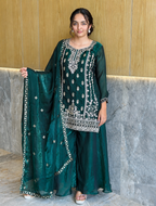 Women’s Emerald Green Embroidered Silk Kurta Palazzo Dupatta Set
