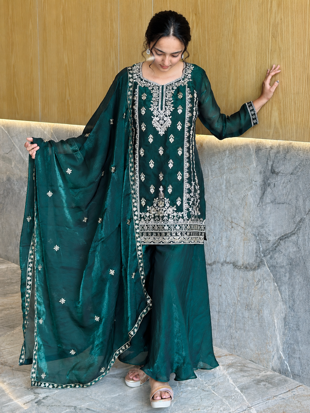 Women’s Emerald Green Embroidered Silk Kurta Palazzo Dupatta Set
