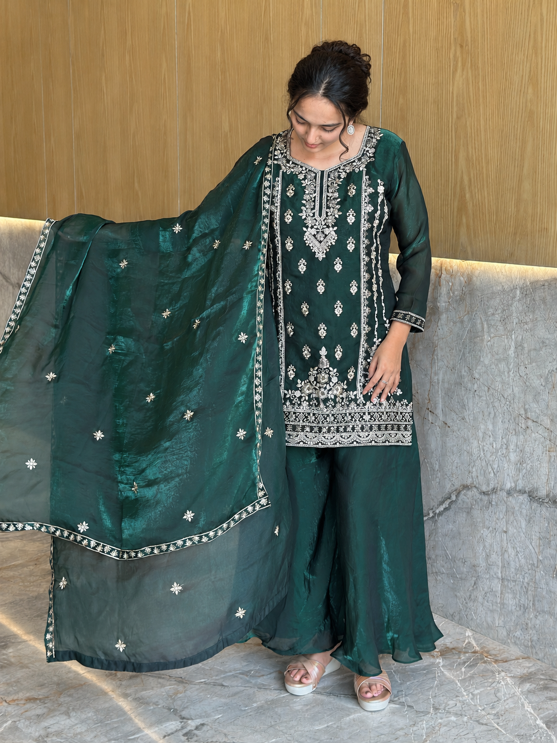 Women’s Emerald Green Embroidered Silk Kurta Palazzo Dupatta Set