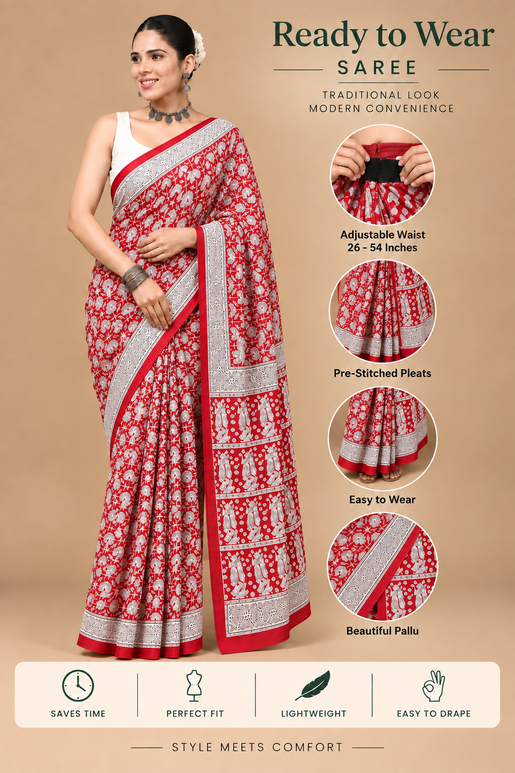 Women’s Mul Cotton Ready To Wear Saree with Floral Printed Pattern
