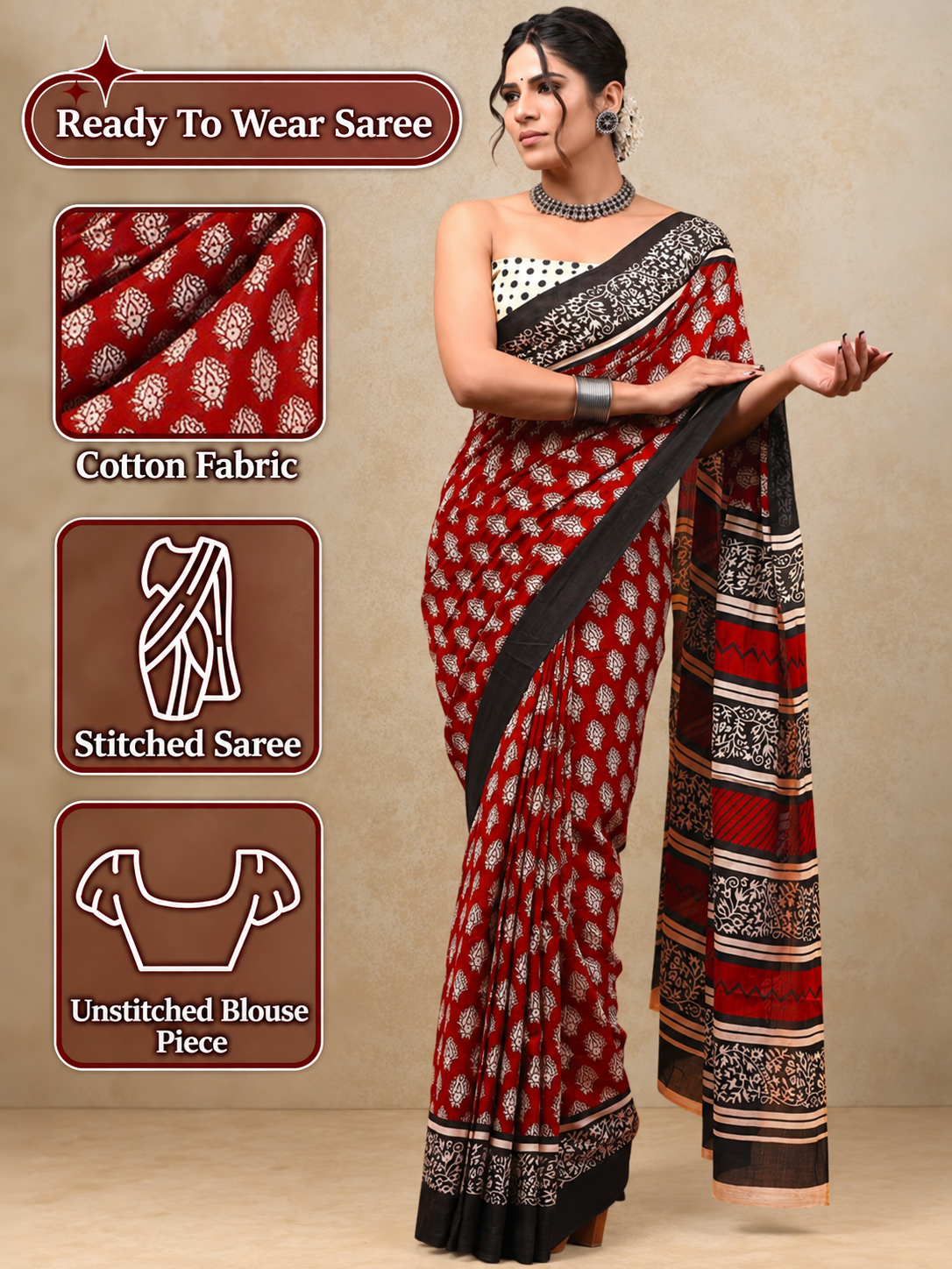 Women’s Mul Cotton Ready To Wear Saree with Floral Printed Pattern