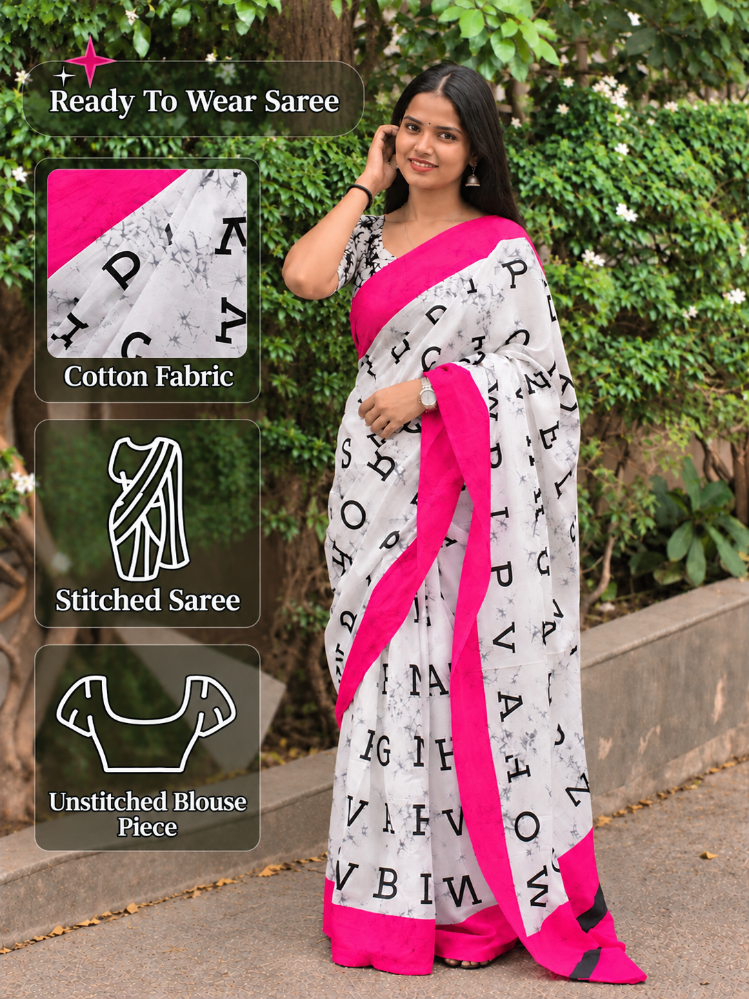 Ready to Wear Printed Cotton Saree for Women | Letter Print Pre-Stitched Saree