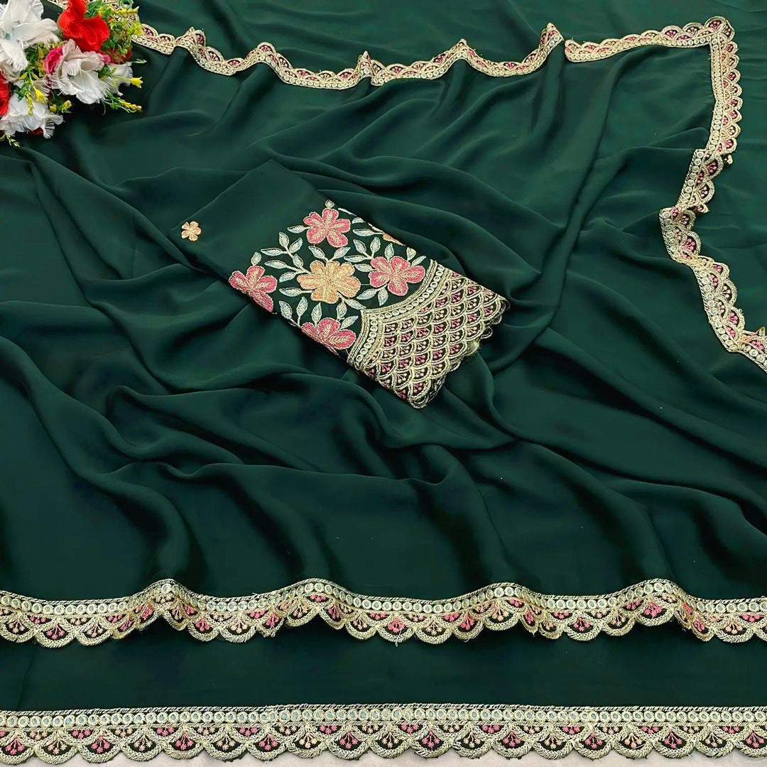 Chinon Saree with Decorative Embroidered Border And Blouse
