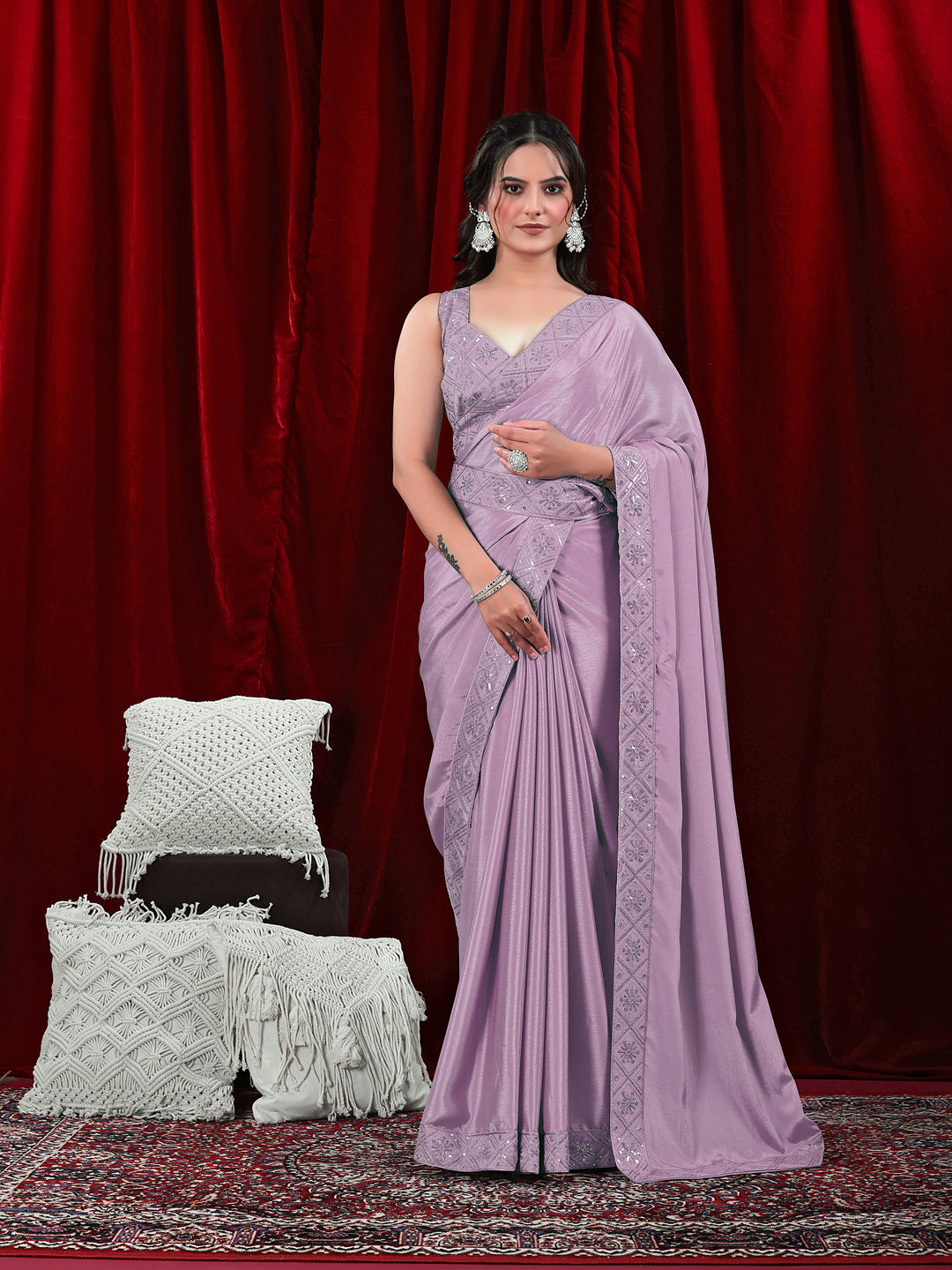 Chinon Solid Saree with Embroidered Lace Border