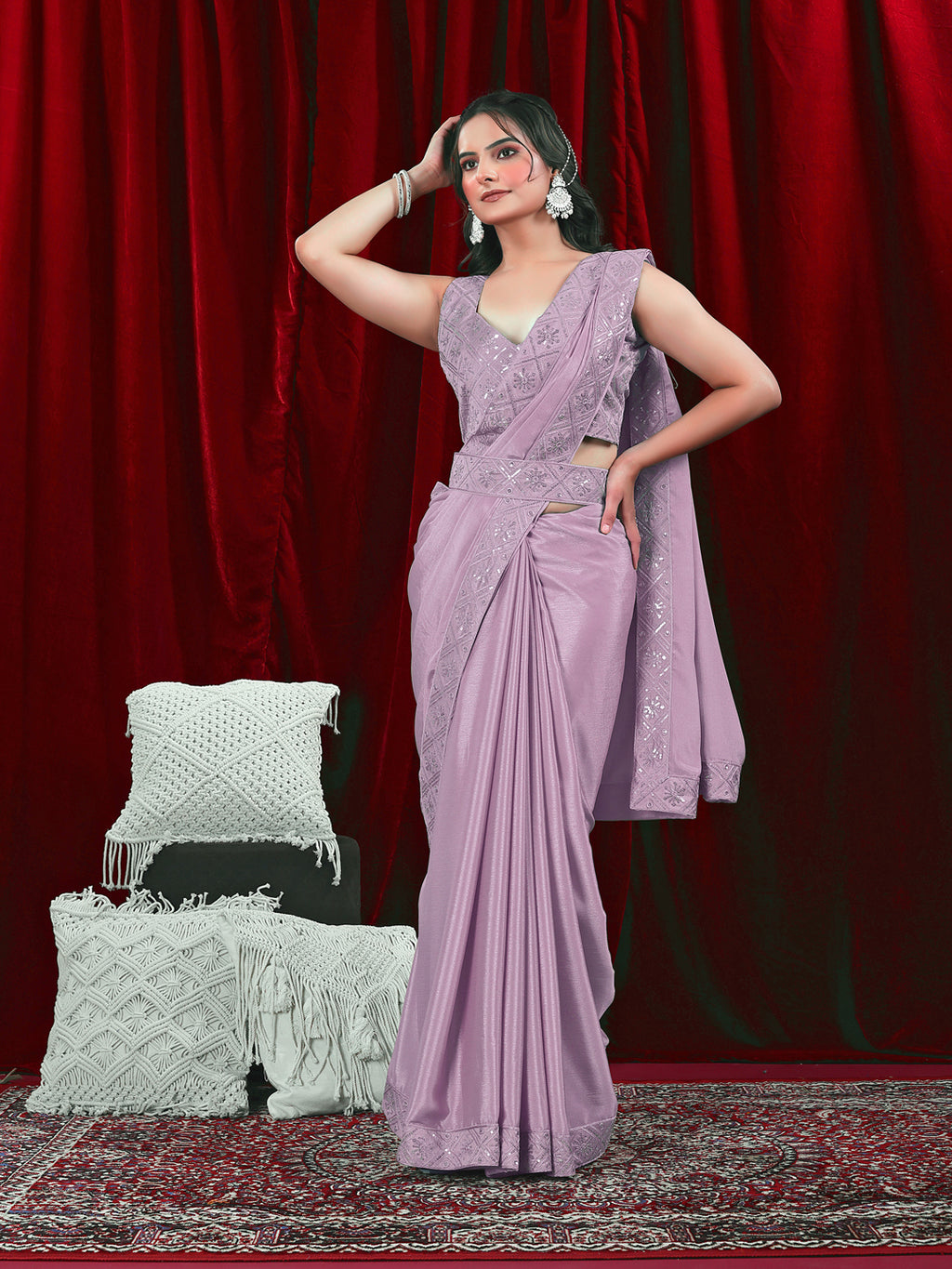 Chinon Solid Saree with Embroidered Lace Border