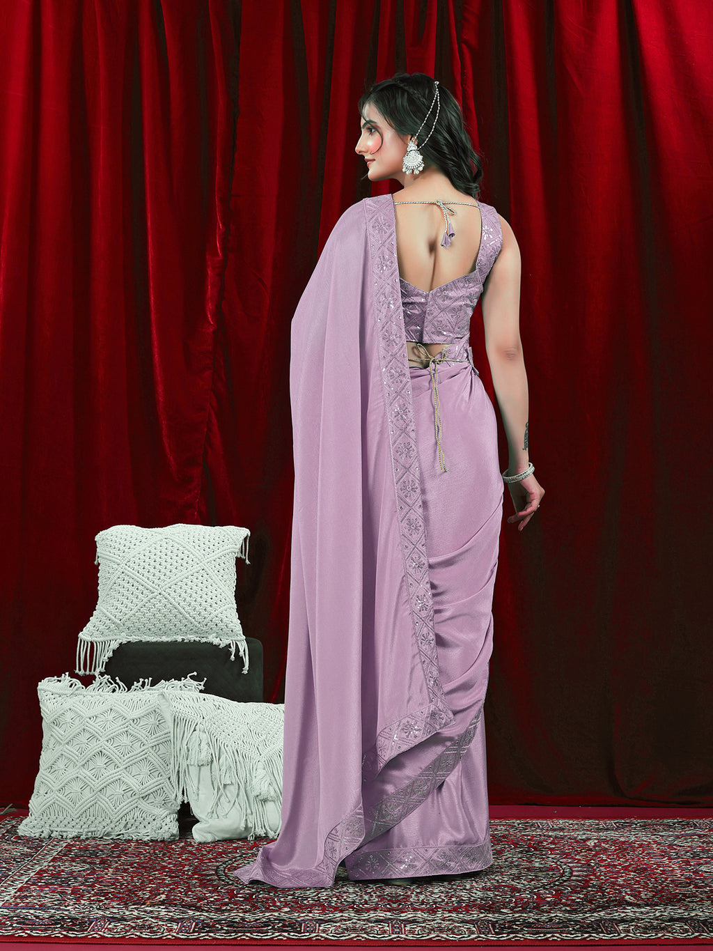 Chinon Solid Saree with Embroidered Lace Border
