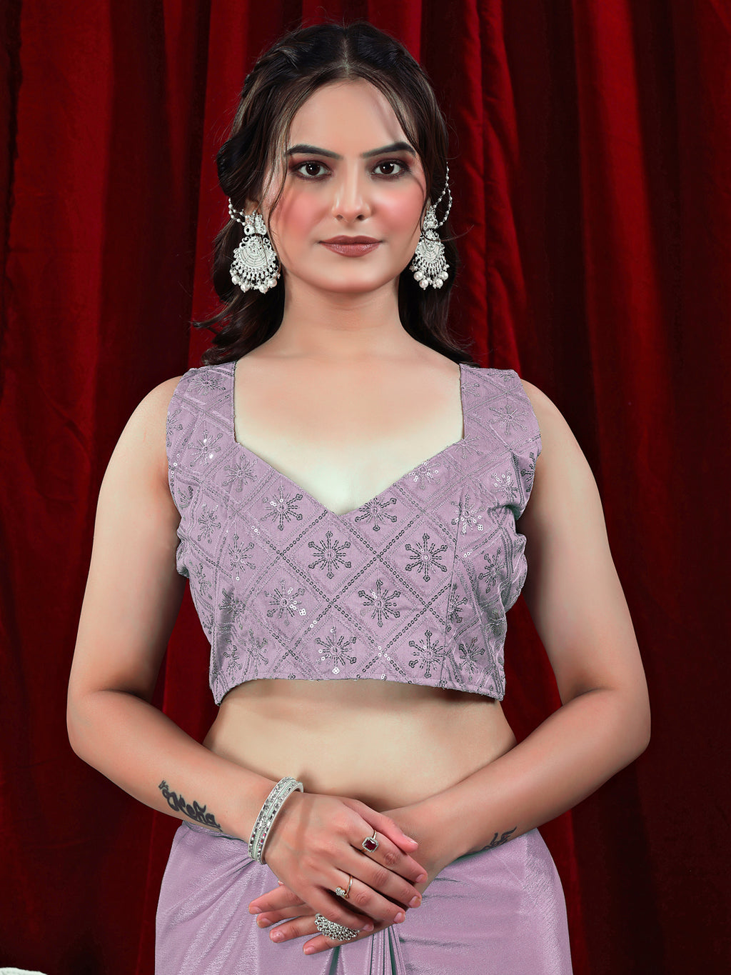 Chinon Solid Saree with Embroidered Lace Border