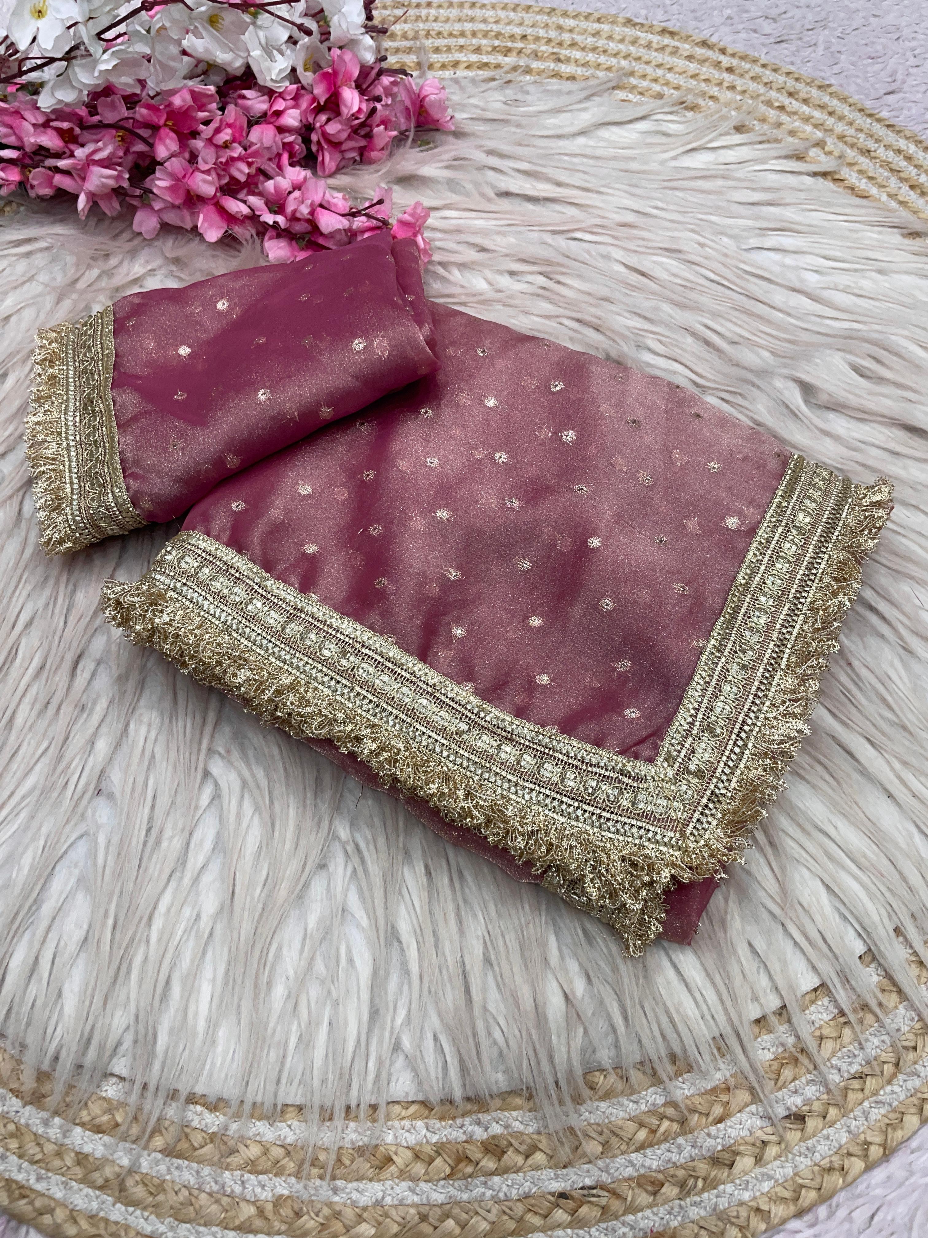 Moss Silk Jacquard Butti Saree with Fancy Lace Border